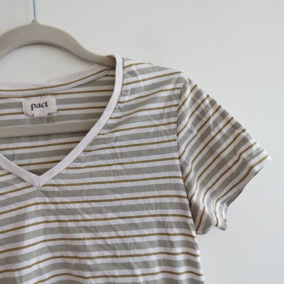 PACT Organic Cotton Seagrass Stripe Softspun V Neck T Shirt Basic Neutral Size S - Picture 3 of 15